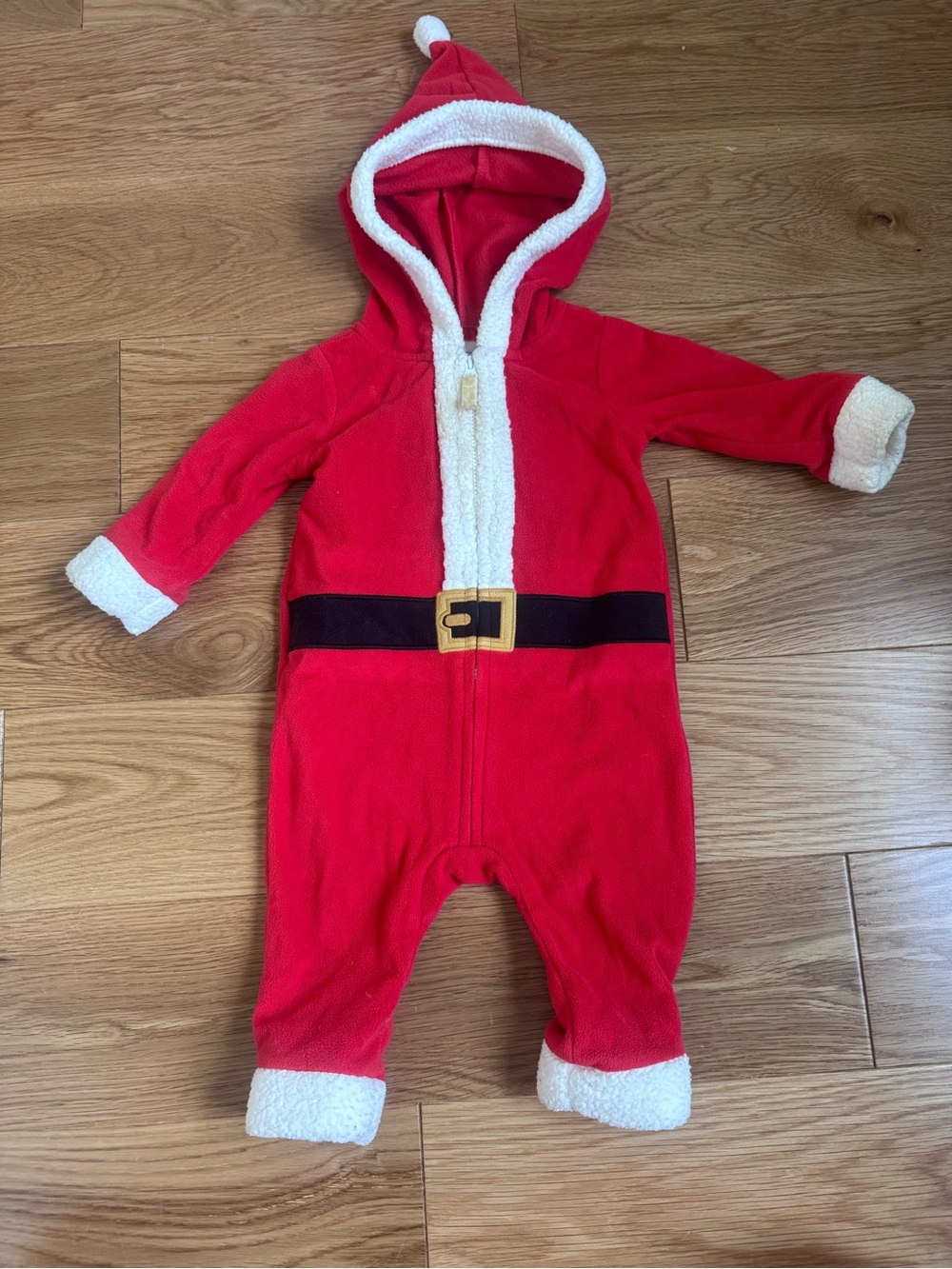 Red Santa-Style Hooded One-Piece for Kids